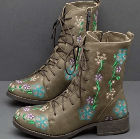 Women's Doc Martens autumn and winter flat thick heel lace-up ankle boots embroidered women's boots (Color: Green, size: 38)