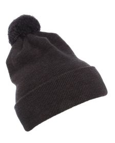 Yupoong 1501P Cuffed Knit Beanie with Pom Pom Hat (Color: Dark Grey, size: OS)