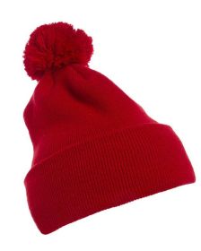 Yupoong 1501P Cuffed Knit Beanie with Pom Pom Hat (Color: Red, size: OS)